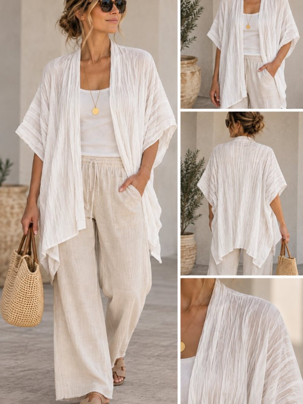 Sasso + Smyth White 100% Silk Crinkle Kimono Cardigan One Size NWT